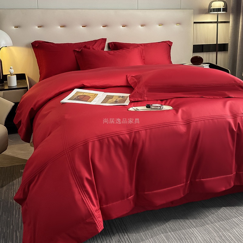 结婚铺床上用品大红色简约纯色四件套新婚庆支长绒棉喜被直销