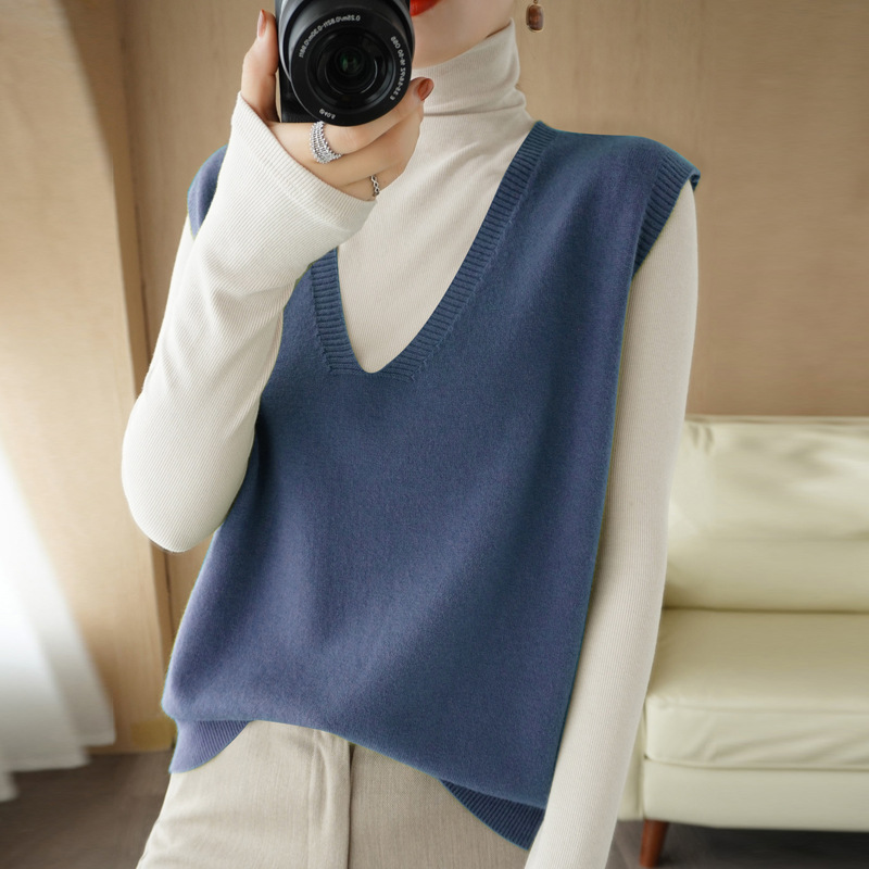 A principios de otoño de punto de las mujeres Chaleco con cuello en V suelta desgaste exterior sin mangas chaleco superior casual estilo perezoso suéter al por mayor