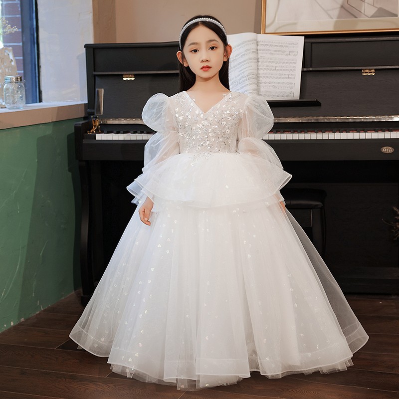 Girl's Princess Dress With Pearl Embroidery - Elegant Choir Wedding Party Birthday Piano Performance Gown For Little Flower Girls_voghion.com