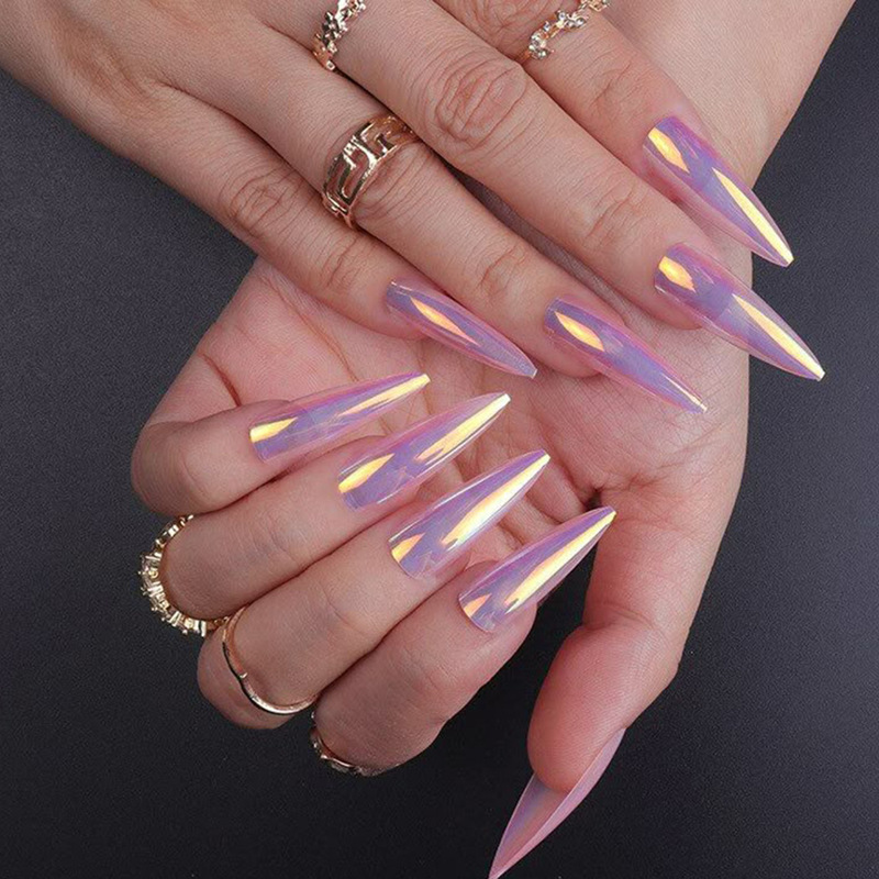 Long Pointed Nails with Chrome-Plated Mirror Acrylic in Pink, Dazzling and Sweet Aurora Style, Popular in European and American Instagram Trends, Cross-Border Hot Seller