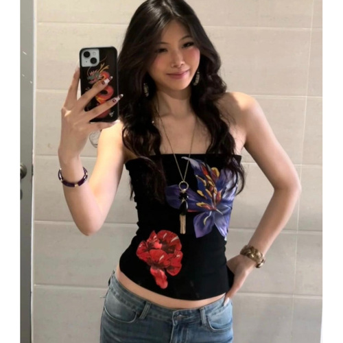 Flower-looking sexy top printed summer tube top hot girl female elastic American all-matching retro design
