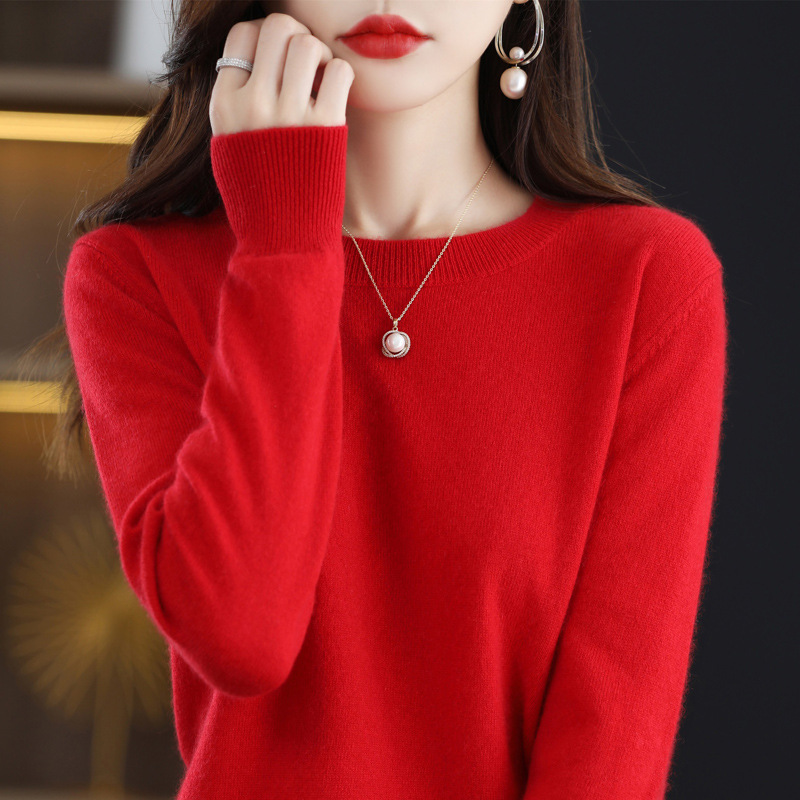 Nuevo otoño temprano cuello redondo 100 suéter de lana de las mujeres de moda simple flojo adelgazar punto manga larga que basa la camisa suéter de las mujeres
