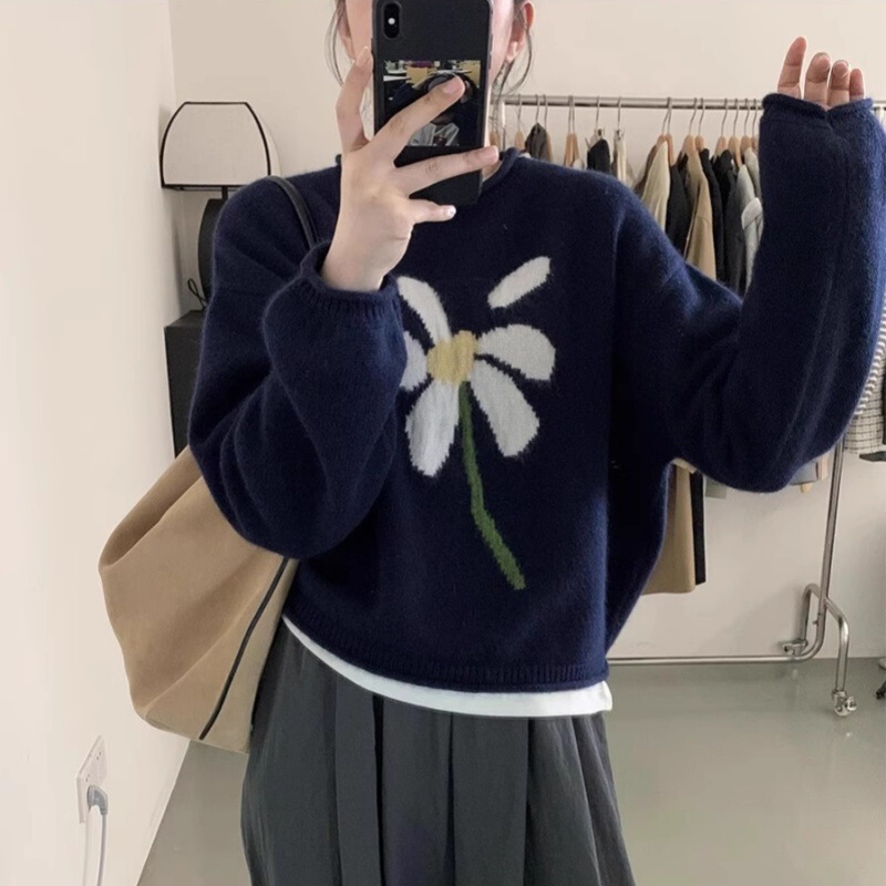 双股加厚宽松纯羊毛衫女式新款针织提花套头毛衣设计感慵懒文艺范|undefined