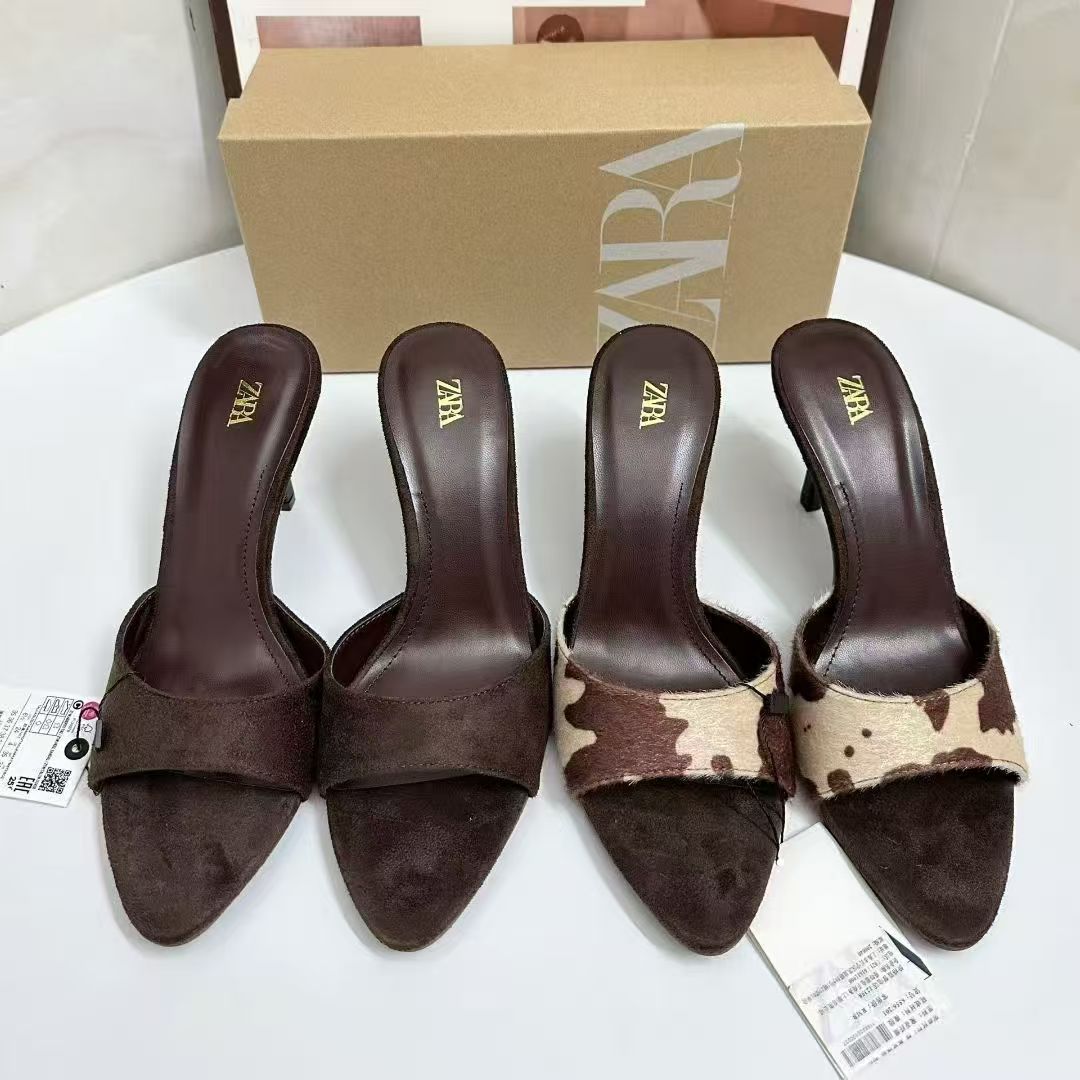 Za2025 New Pointed Toe Color-Blocked Open-Toe High-Heeled Sandals Suede Fashion Hollow-Back High-Heeled Sandals for Women