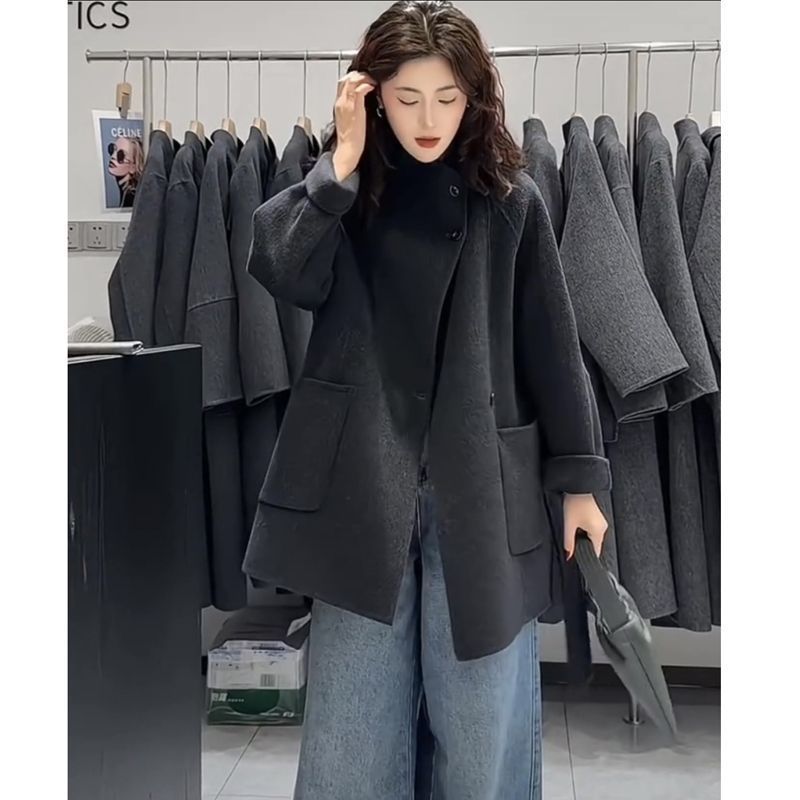 双面羊绒大衣女秋冬韩版立领高级感气质小个子宽松羊毛呢外套女|undefined