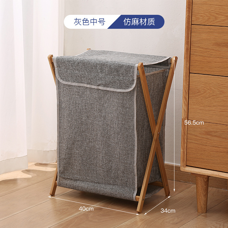 Cesta de lavandería de madera maciza de bambú plegable que ahorra espacio ropa de juguete cesta de almacenamiento de artículos diversos baño tela de lino de algodón grande