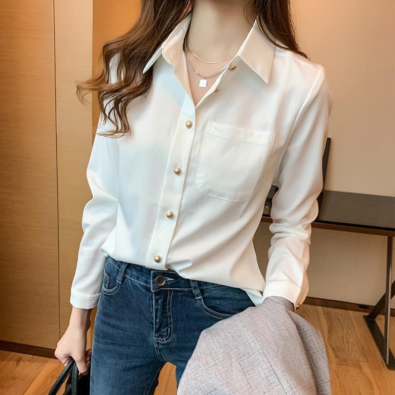 春と秋の新商品のシフォンの白いシャツの女性の長袖のゆったりとした職業服のシャツのデザイン感があります。|undefined