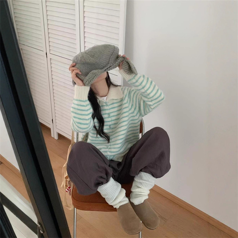 韩系复古多巴胺条纹毛衣开衫女秋冬新款宽松翻领拼色慵懒针织外套|undefined