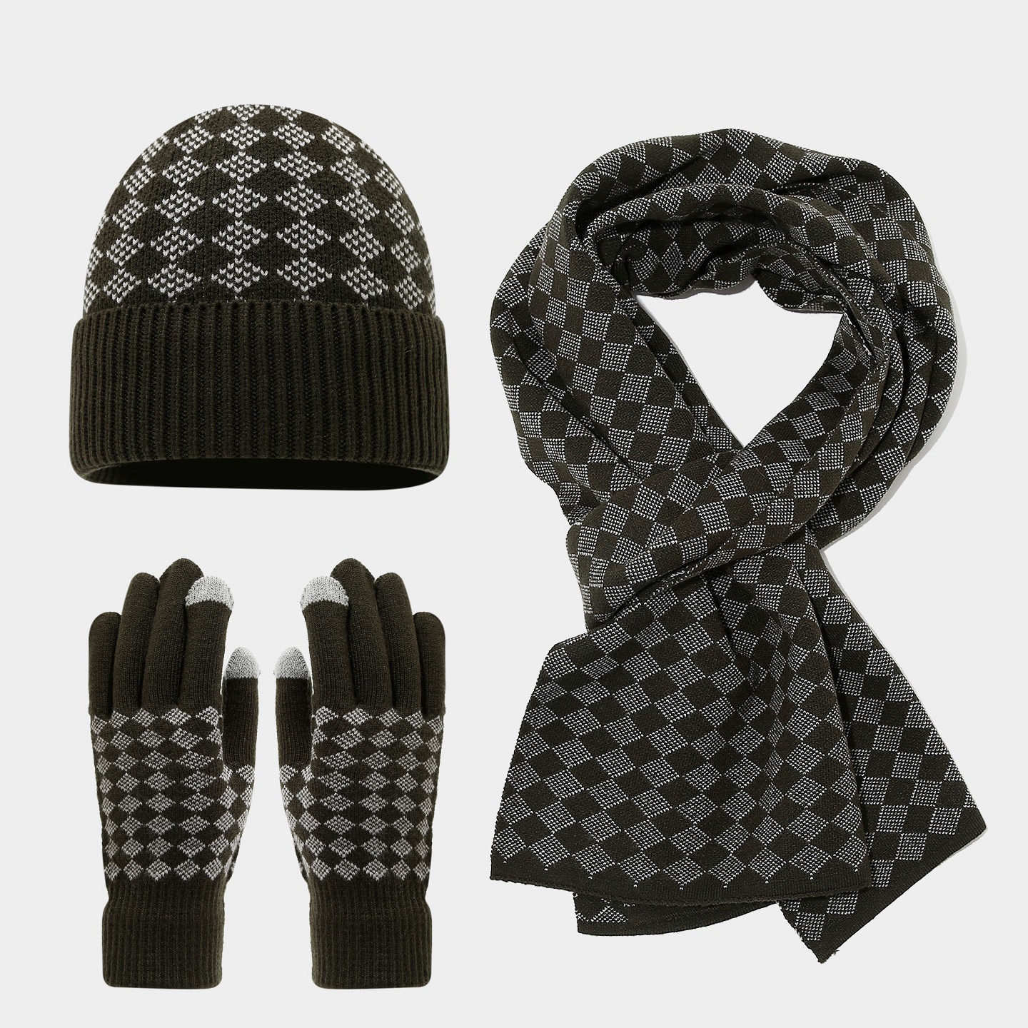 Otoño y invierno guantes de pantalla táctil caliente sombrero bufandas de tres piezas con cuadrícula de diamante antifría extranjera con set de punto caliente