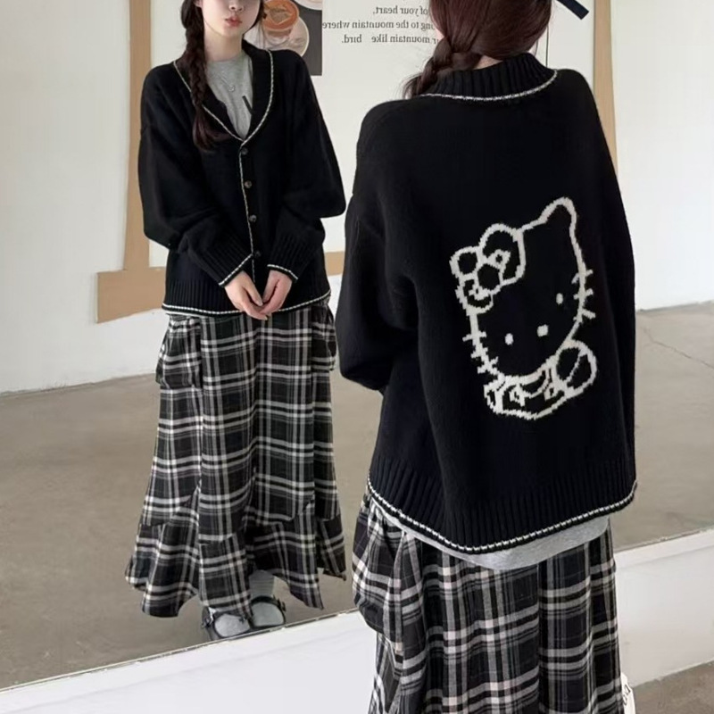 韩系黑色翻领针织外套女2025秋冬季新款软糯毛衣开衫宽松慵懒上衣|undefined