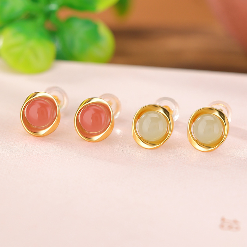 Bông tai bạc S925 mạ vàng hạt tròn hình học phong cách retro — Phong cách ngọc nước trong suốt