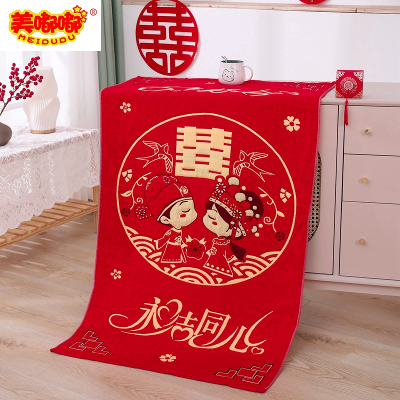 Хлопковое свадебное банное полотенце красный жаккард