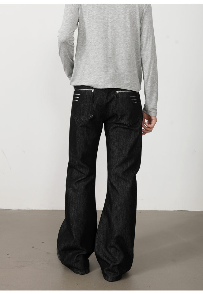 Quần jeans nam denim thô ống loe nhẹ dáng rộng có thêu — Denim đen chi tiết 15