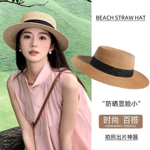 Flat-Top Straw Hat for Women French Straw Hat 2025 New Summer Large Brim Sun Hat Seaside Vacation Sun Hat