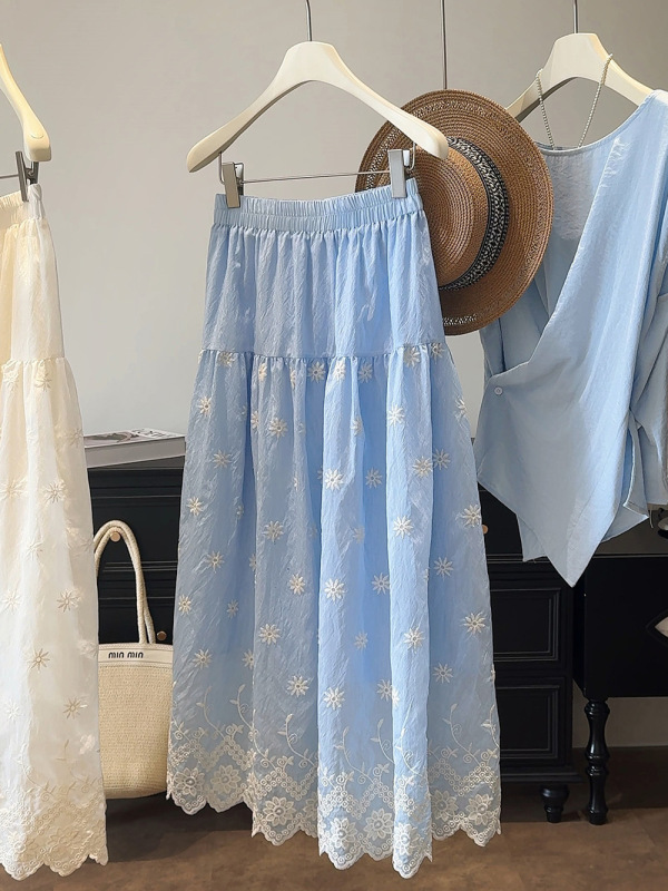 2025 新しい夏のスタイルヘビー刺繍レース花柄 A ライン大裾スカート女性のミドル丈アンブレラスカート|undefined