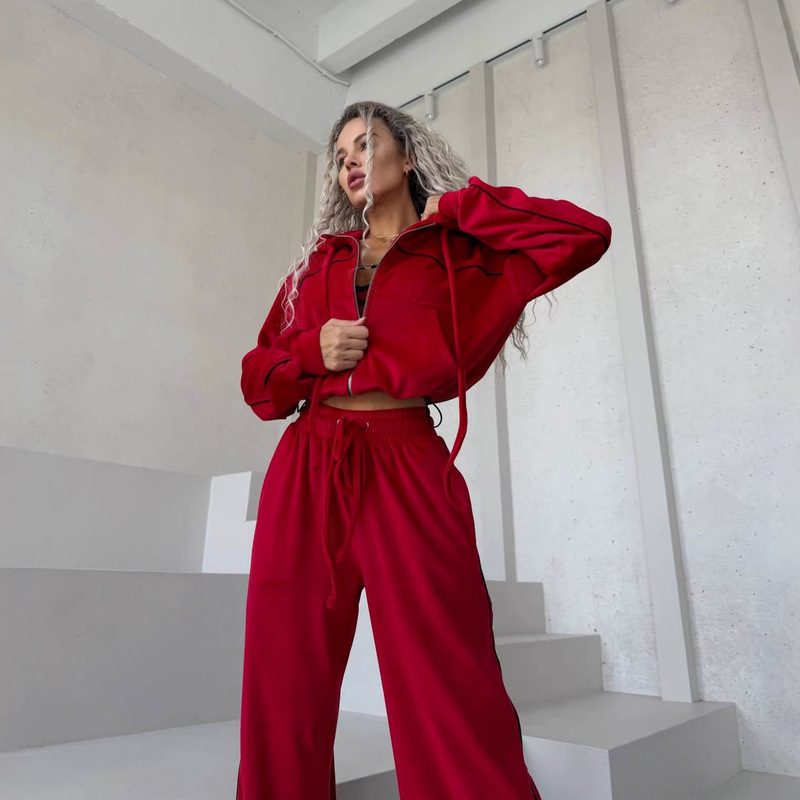Cross-Border Independent Site Casual Women's Suit Velvet Color-Blocking Striped Pocket Long-Sleeve Cardigan Jacket and Long Pants Two-Piece Set Cross-Border Independent Site Casual Women's Suit Velvet Color-Blocking Striped Pocket Long-Sleeve Cardigan Jacket and Long Pants Two-Piece Set