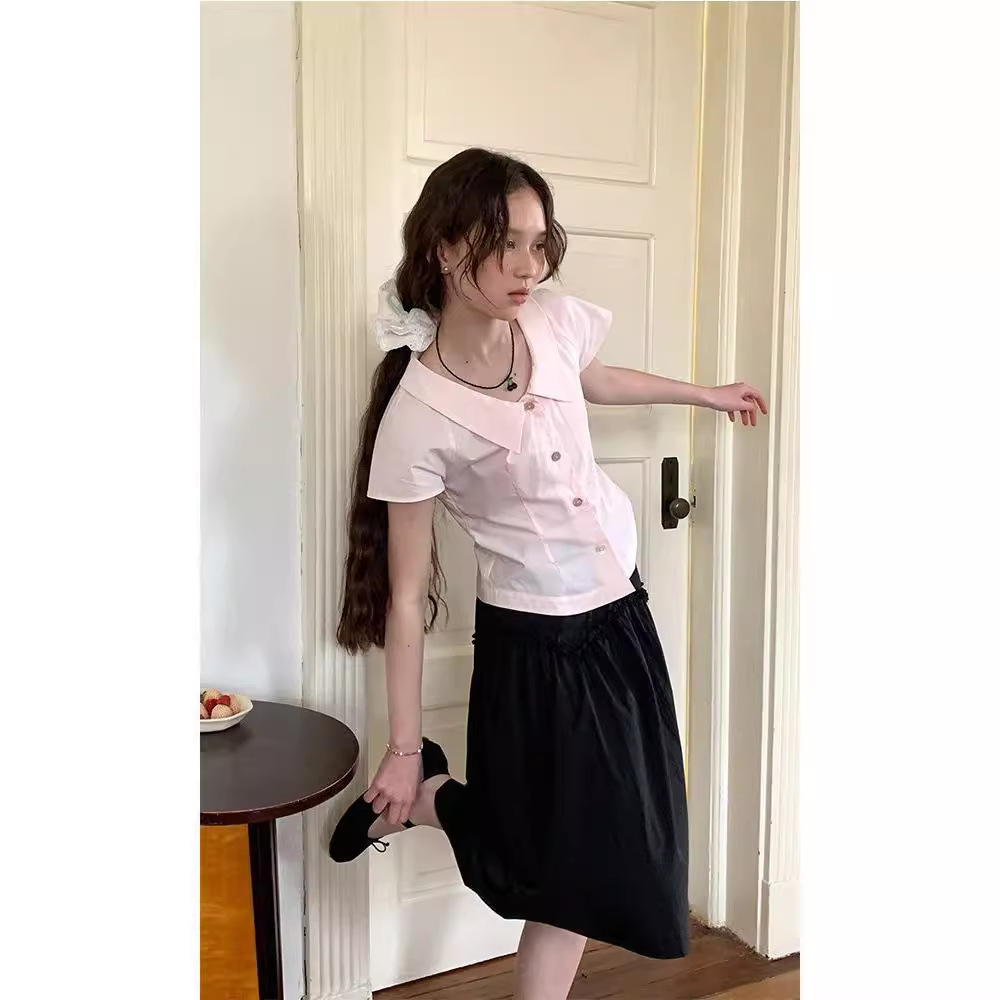 香港風レトロchiピンク半袖シャツ女性夏の小柄なゆったりした怠惰な風の甘い正肩シャツ潮