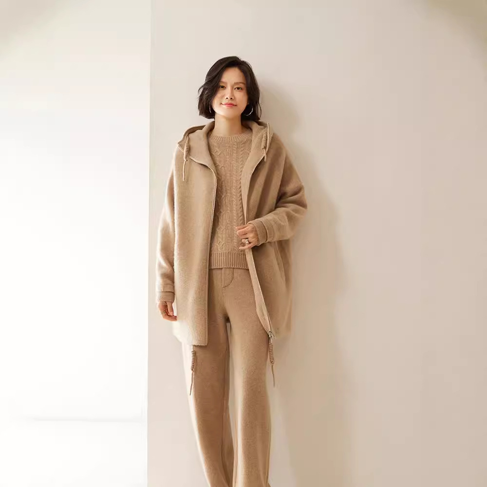 캐주얼 캐시미어 와이드 레그 바지 여성용 두꺼운 데프 스트레이트 슬림 높은 허리 바닥 길이 니트 캐시미어 긴 바지