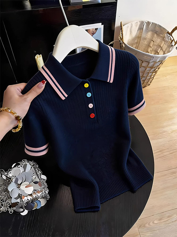Áo thun polo nữ tay ngắn phong cách Hàn Quốc cổ bẻ thiết kế đẹp — Xanh navy