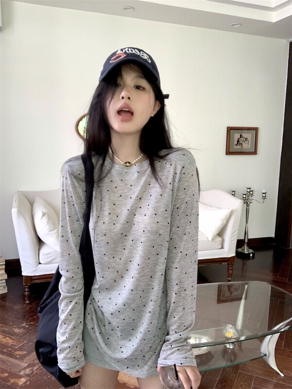 i慵懒风灰色圆领波点长袖T恤女2025秋季新款别致百搭宽松显瘦上衣|undefined