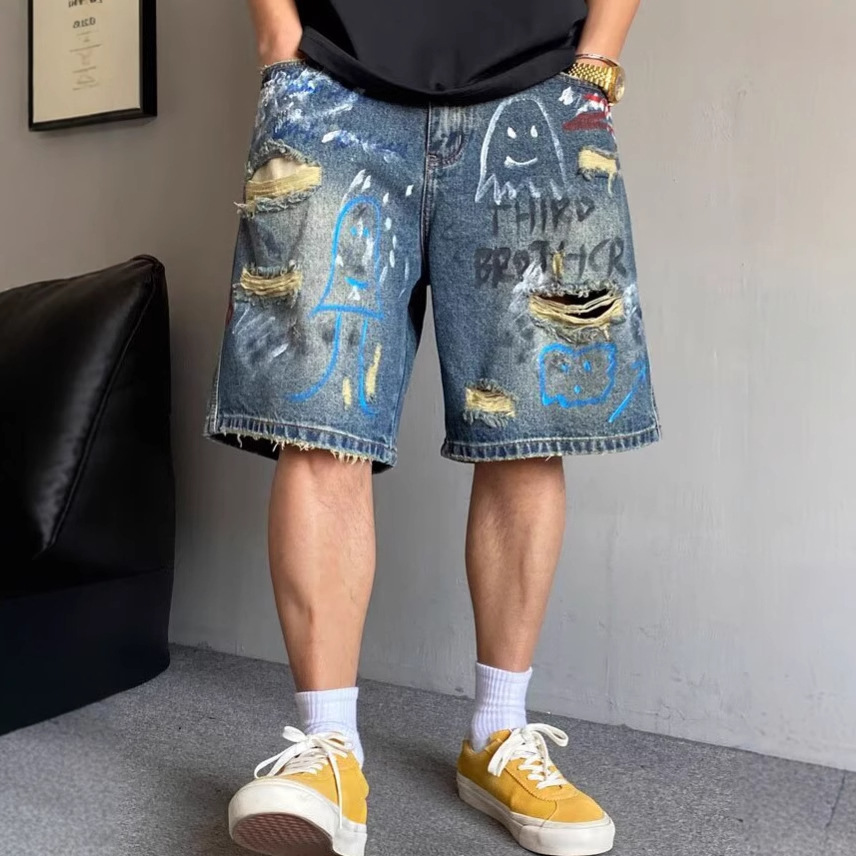 Hand Painted Graffiti Print Ripped Denim Shorts American Style High Waist Loose Fit Five Point Summer Fashion Kpop Casual Jeans_mkmklike.com