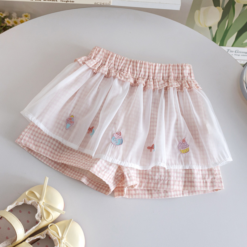 2025 夏の女の子オフホワイトベストピンクチェック柄レースパンツ女の赤ちゃんファッショナブルでかわいい純粋な綿の女の子のスーツ|undefined