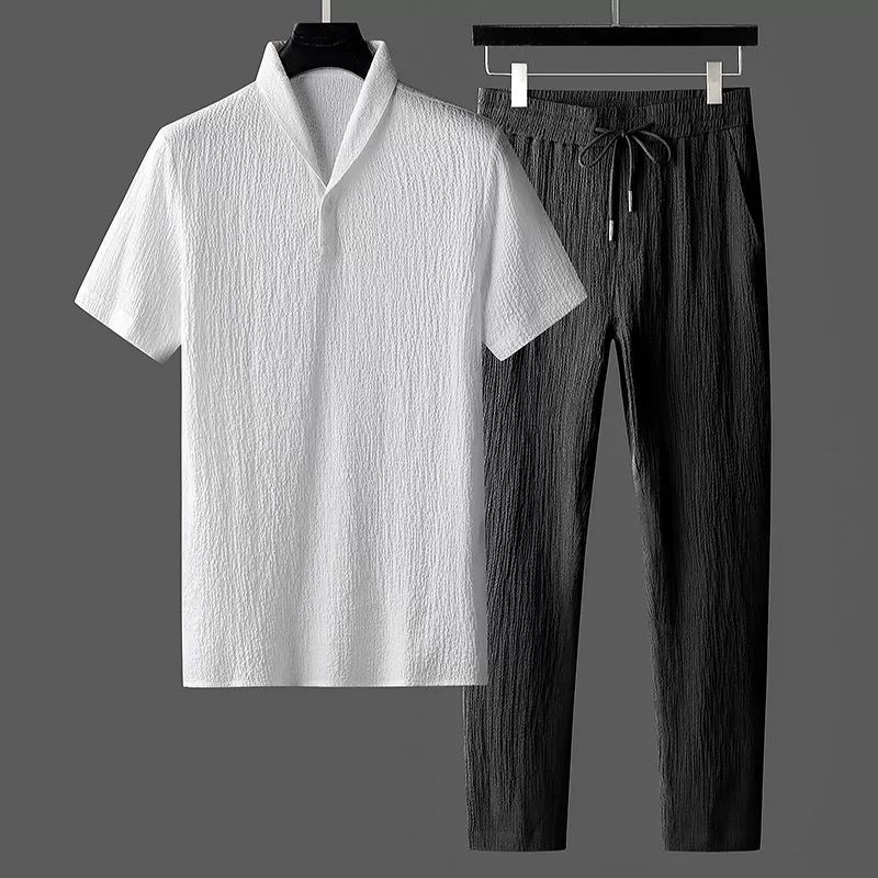 Торговля через границу, шелковый летний спортивный костюм, тонкая футболка, комплект, китайский стиль, с коротким рукавом, V-образный вырез