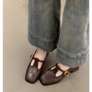 French Retro Square Toe Chunky Heel Shoes Women's Spring and Autumn New Evening Style Korean Style Fairy High Heels Mary Jane Small Leather Shoes