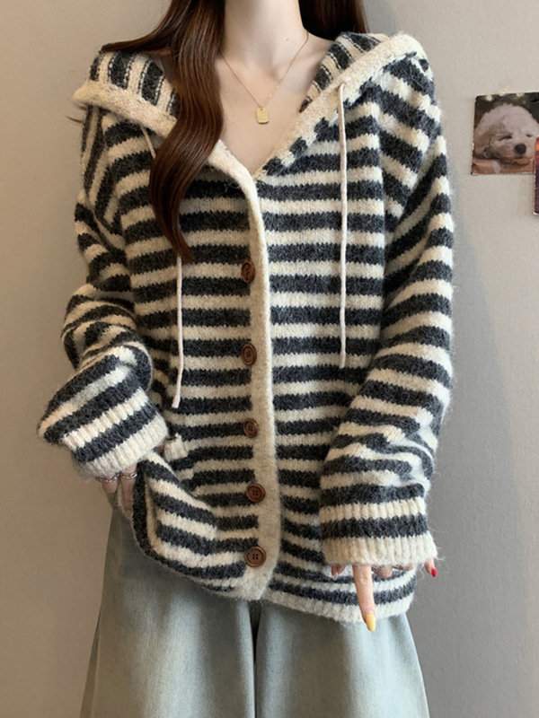 韩系撞色条纹连帽针织开衫外套女秋冬季大码胖mm慵懒风中长款毛衣|undefined