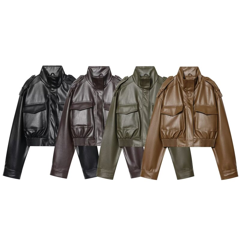 Amazon Wholesale Autumn and Winter New Women's Versatile Stand Collar Zipper Long Sleeve Pocket Pu Leather Jacket Coat