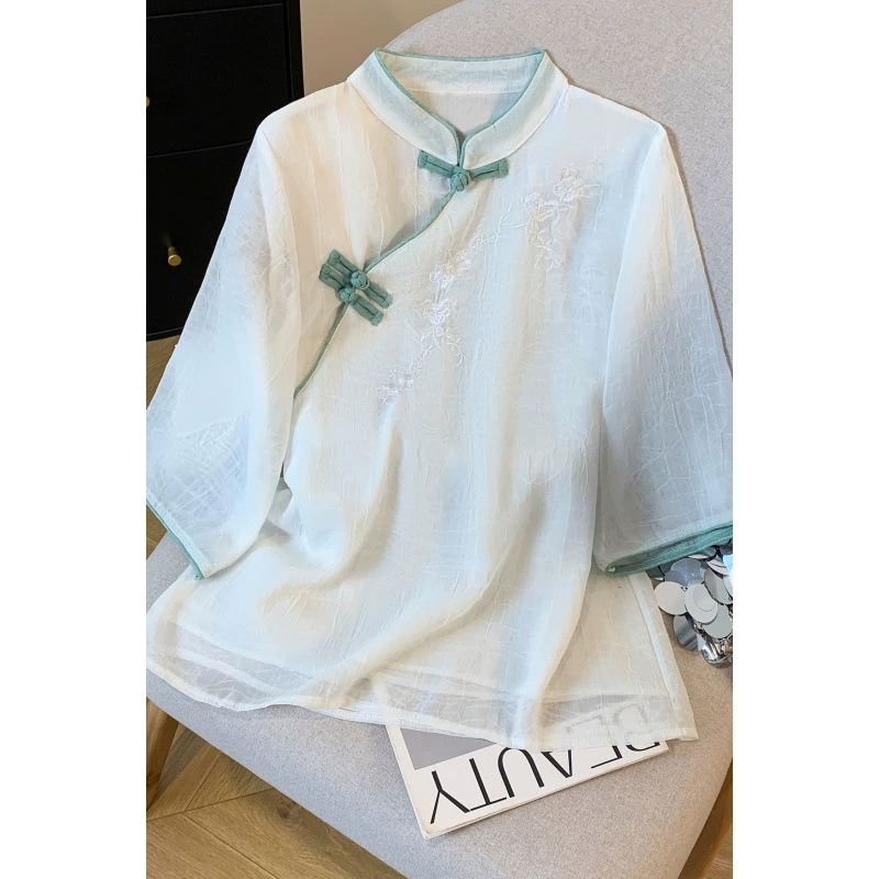 2025 летний новый ретро китайский стиль улучшенный литературный дзен чай костюм с вышивкой воротник рубашка топ женский