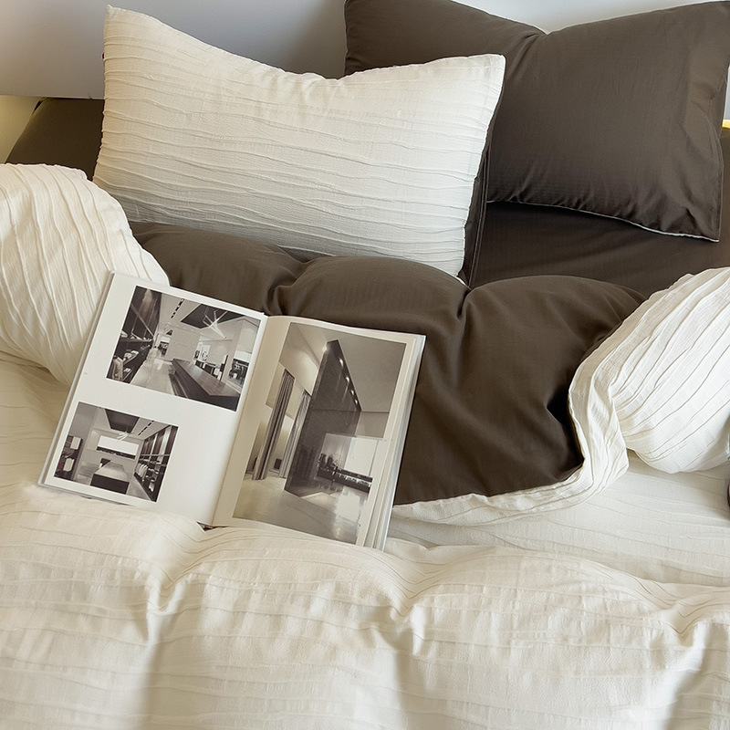 Parure de lit quatre pièces en coton lavé avec drap housse_voghion.com