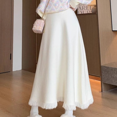 针织半身裙女秋冬天配毛衣中长款高腰a字伞裙白色小个子百褶半裙