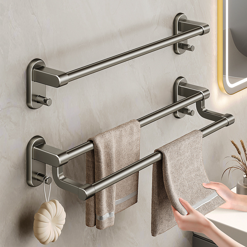 Minimalist Towel Rack Bathroom Non-punching Gun Grey Single and Double Rod Hanging Towel Bar Bathroom Space Aluminum Bath Towel Rack