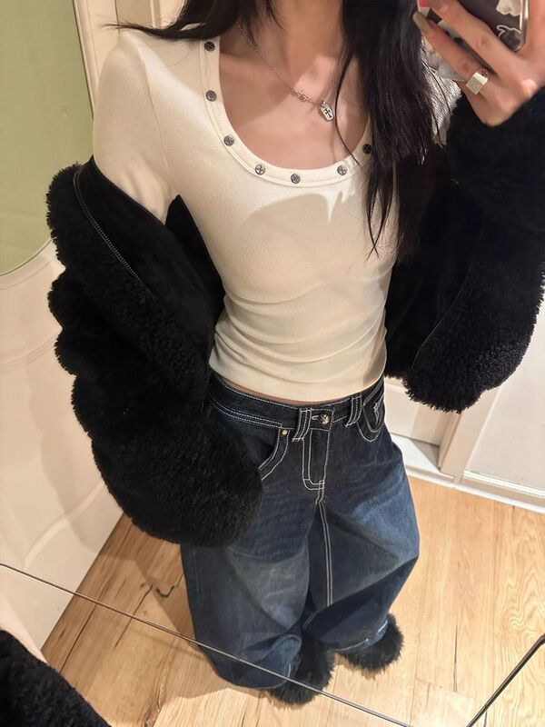 [270 Kerde velvet] Rivet Crewneck Long Sleeve T-shirt Women's Autumn and Winter Inner Slim Fit Backing Shirt Top White