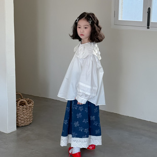 Children's Shirt 2025 Spring Girls Korean Solid Color Lapel Flower Shirt Children's Casual Loose Lotus Collar Top