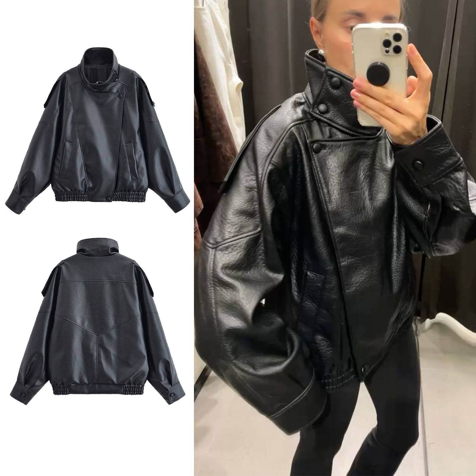 Cross-Border European and American Style Aliexpress Autumn and Winter New Fashion Temperament Women's Wholesale Pebbled Leather Jacket