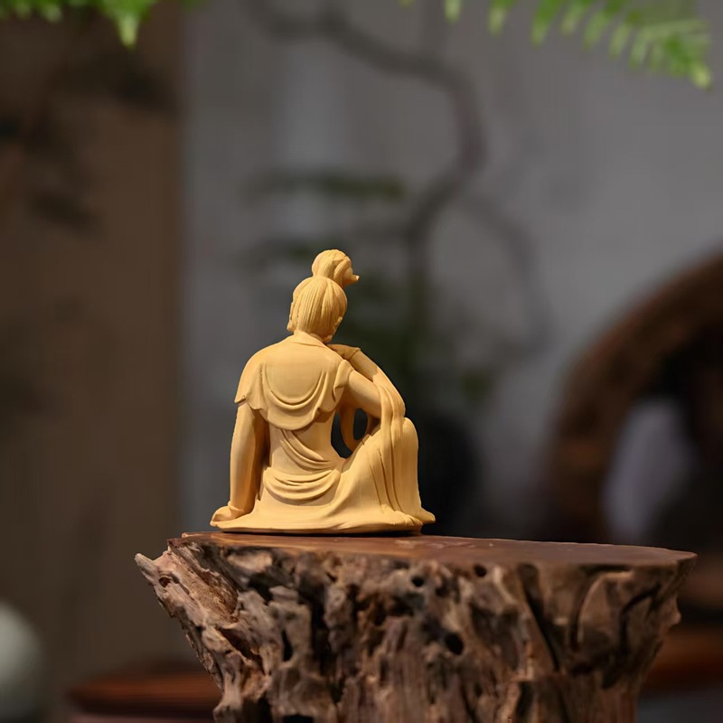 自在观音菩萨摆件黄杨木雕刻居家客厅禅意观世音木质立体感工艺品|undefined