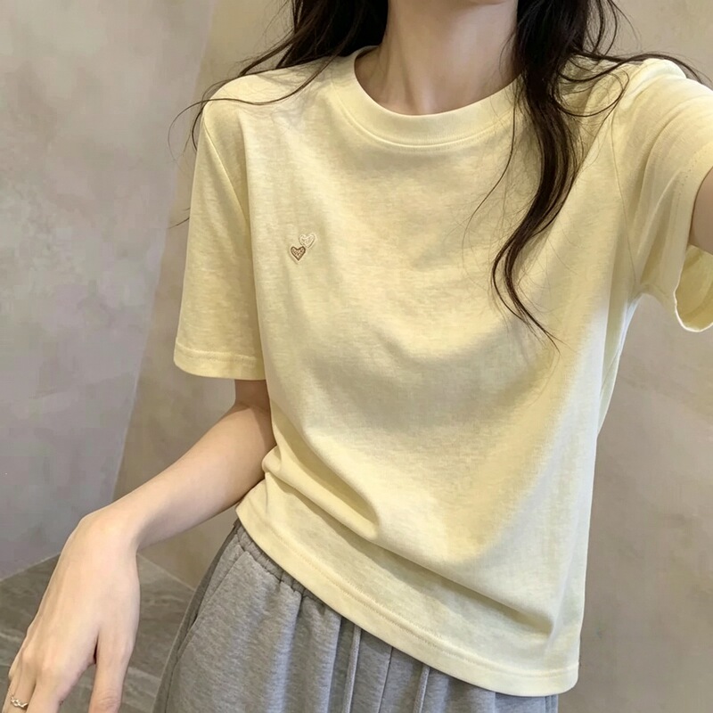 190g Water-Soft Cotton 95% Cotton 5% Spandex】Yellow Embroidered Heart Short-Sleeved T-Shirt for Women Casual Summer Loose Top