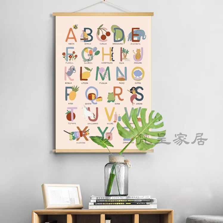 Wall Art Decoration Painting for Children's Room, Numbers 26, English Letters, Learning Cartoon, Fun for Toddlers, Nordic Style Wall Hanging