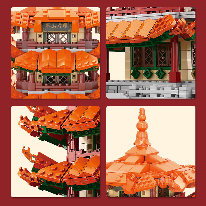 KY2015开智中国风古楼建筑模型摆件寒山古楼DIY小颗粒拼装玩具