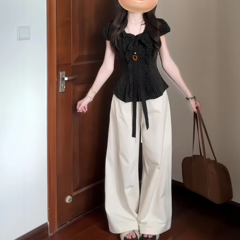 韩系波点蝴蝶结短袖衬衫女夏季设计感小众褶皱收腰修身甜辣妹上衣|undefined