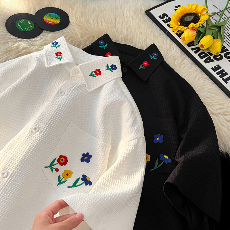 2025 Summer New Hong Kong Style Oversized Men's Embroidered Stylish Pocket Short-Sleeve Shirt 2025 Summer New Hong Kong Style Oversized Men's Embroidered Stylish Pocket Short-Sleeve Shirt