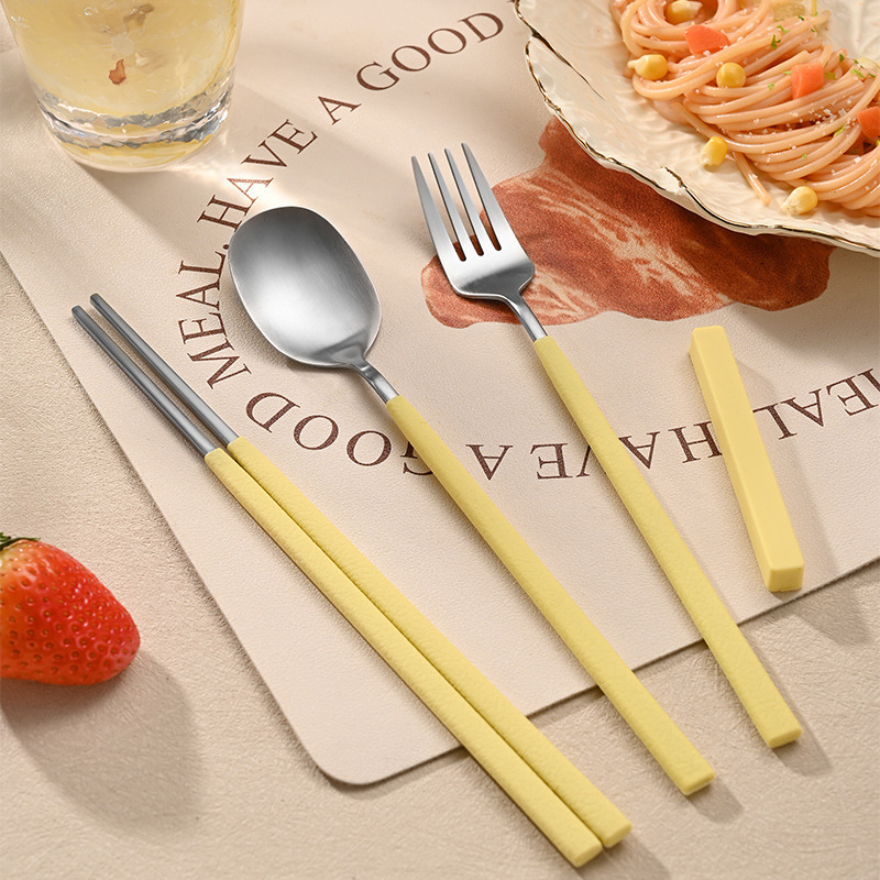Korean Food Grade Silicone 304 Stainless Steel Spoon Chopsticks Fork Anti-Scalding Eating Spoon Western Food Tableware Set