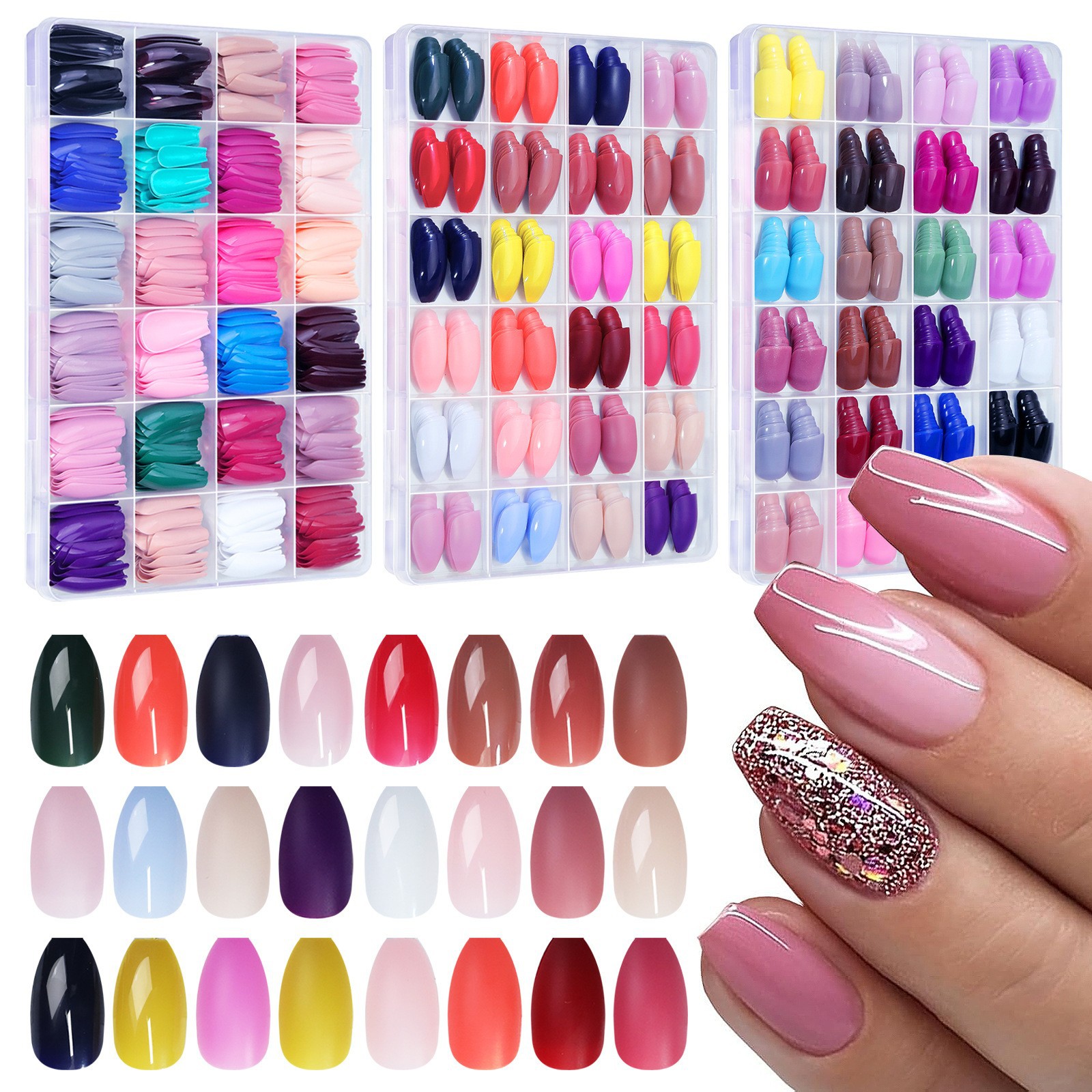 Uñas de uñas transfronterizas de 24 cuadros, uñas de vestir simples con lentejuelas, uñas de uñas falsas de Amazon, uñas de color sólido