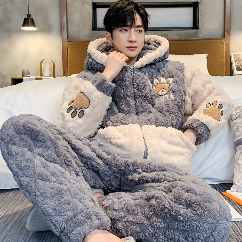 Men's Winter Pajamas Thickeneded Fleece-Lined Three-Layer Quilted Warm Coral Velvet Autumn and Winter Men's Zipper Home Wear Set Men's Winter Pajamas Thickeneded Fleece-Lined Three-Layer Quilted Warm Coral Velvet Autumn and Winter Men's Zipper Home Wear Set