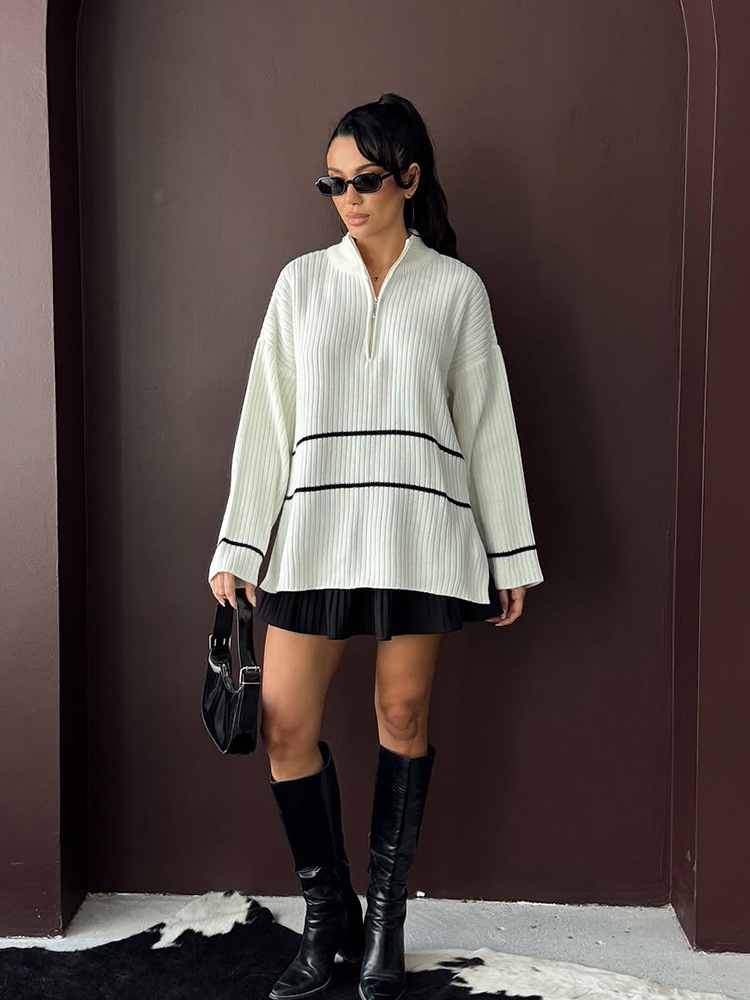 Suéter a rayas de moda con semiacremallera, suéter casual, suéter de color para mujeres 2025, nuevo estilo europeo y americano transfronterizo