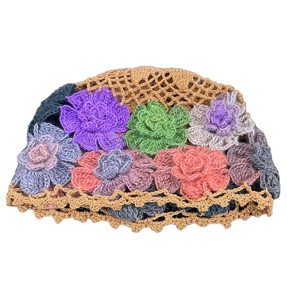 钩编毛线帽子女四季百搭棉线镂空拼花渔夫帽时尚休闲可爱手钩帽