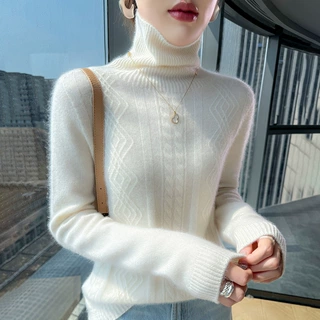 2026年秋冬新款堆堆领纯羊毛针织衫女宽松麻花加厚套头羊绒衫厂家