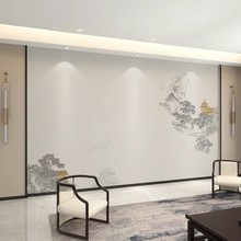 轻奢新中式水墨山水壁布客厅电视背景墙壁纸抽象阁楼壁画茶室墙布